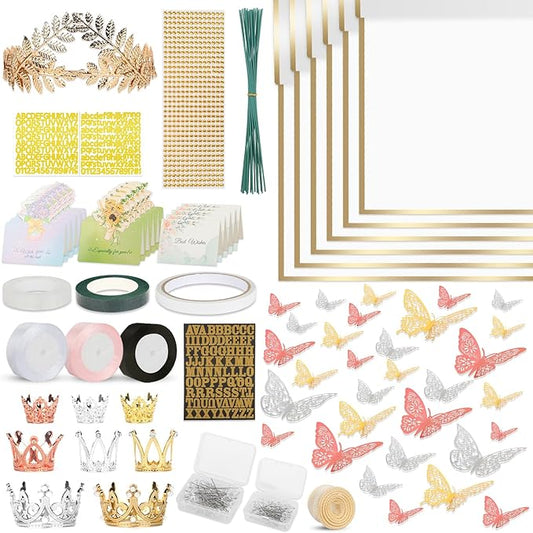 260Pcs Flower Bouquet Wrapping Paper Kit, 60 Sheets White Waterproof Paper, 36 Butterflies, 8 Crowns, 1 Headband, 4 Ribbons, 15 Cards, 100 Diamond Pins, 30 Floral Wire, 3 Stickers, 3 Tapes (White)