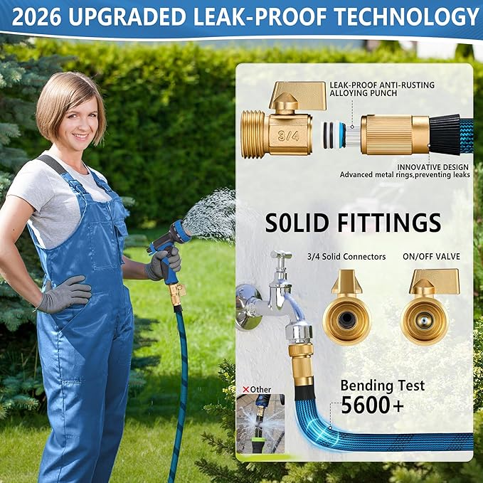 75FT Garden Hose, Lightweight Flexible Water Hose, 5/8" Kink Free Leak Proof Hose, Heavy Duty 96-Layer Woven with 3/4" Brass Fittings, 10 Function Nozzle for Yard Lawn Outdoor Car Wash(BlueBlack)