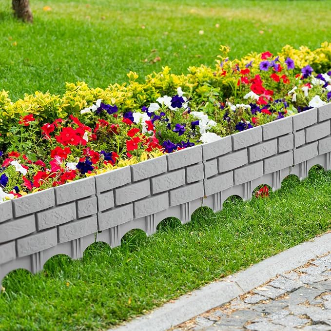 Landical 8 Pcs Imitation Stone Garden Fence, Faux Stone Retaining Wall Look Garden Bricks Border with Ground Stakes, 17.3 x 12.6 in Gray Plastic Edging Blocks for Flower Beds, Lawn, Mulch (Gray)