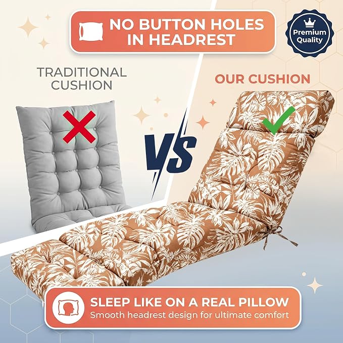 MAGIC ELEPHANT Chaise Lounge Cushion Outdoor, Memory Foam Patio Lounge Chair Cushion with Ties for Outdoor Furniture, 74 x 22 x 4 Inch (Rust Orange Monstera)