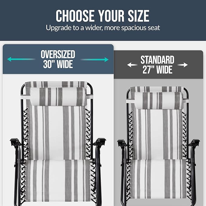 Best Choice Products Set of 2 Extra Wide Adjustable Steel Mesh Zero Gravity Lounge Chair Recliners w/Pillows and Cup Holder Trays - Gray Stripes