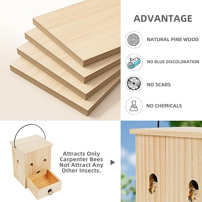 Carpenter Bee Traps for Outside 2PACK– Durable, Weather-Resistant, Eco-Friendly Wooden Wasp Trap for Outdoor Use