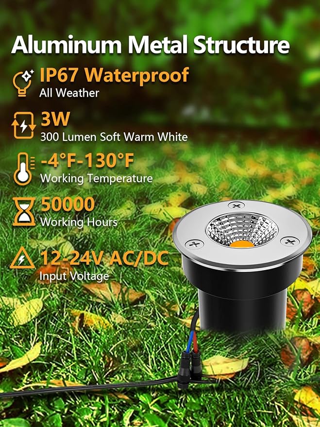 ZUCKEO Low Voltage Landscape Lighting LED Well Lights 3W 12V-24V in Ground Light IP67 Waterproof Outdoor Low Voltage Landscape Lights for Floor Driveway Deck Step Garden (8 Pack Warm White)