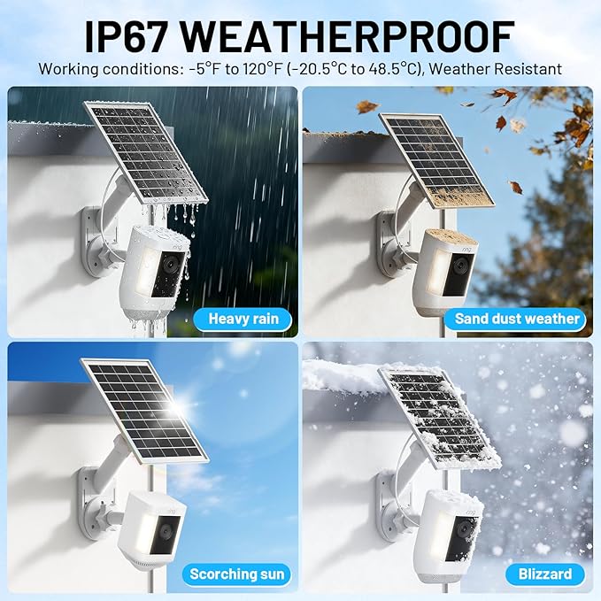 Solar Panel and 2-in-1 Wall Mount for Ring Cam, 6W Solar Charger Compatible with R-ing Spotlight Pro/Plus & Stick Up Cam Battery Models, Weatherproof Cable with USB-C and Ring Barrel Plug