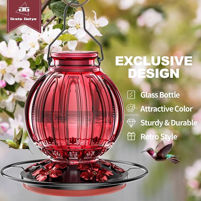 Glass Hummingbird Feeders for Outdoors, Wild Bird Nectar Feeder with Perch & 5 Flower Feeding Ports Leak Proof Hanging for Garden Backyard Decor, Gifts for Women Mom,