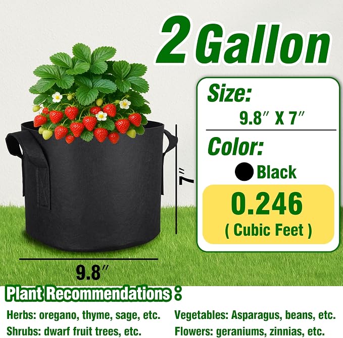 12-Pack 2 Gallon Grow Bags, Heavy Duty Fabric Pots with Handles, Reusable Plant Bags for Vegetable, Herbs & Flowers, BPA-Free, Breathable, Durable