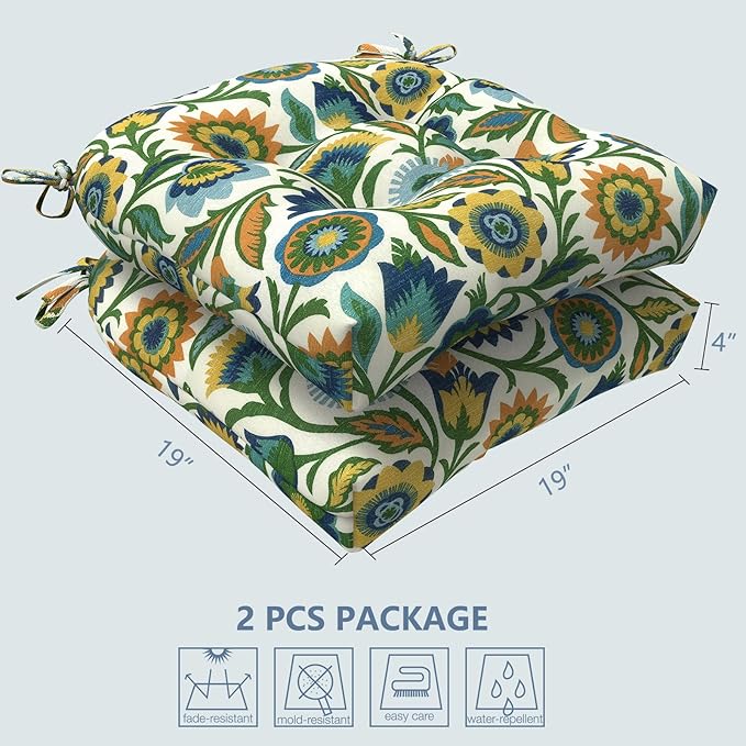 LVTXIII Outdoor U-Shaped Wicker Seat Cushion, Decorative Tufted Chair Pads Round Back Seat Cushion Set for Patio Garden Home Office Furniture, 19"x19"x4", 2 Pack, Fiesta Floral