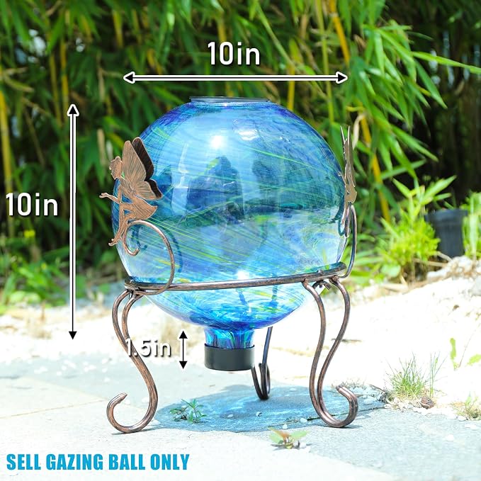 VCUTEKA Solar Gazing Ball, Glass Gazing Balls Sphere with Solar Light for Garden Lawn Outdoor Ornament Yard Decorative, Blue Swirl, 10"
