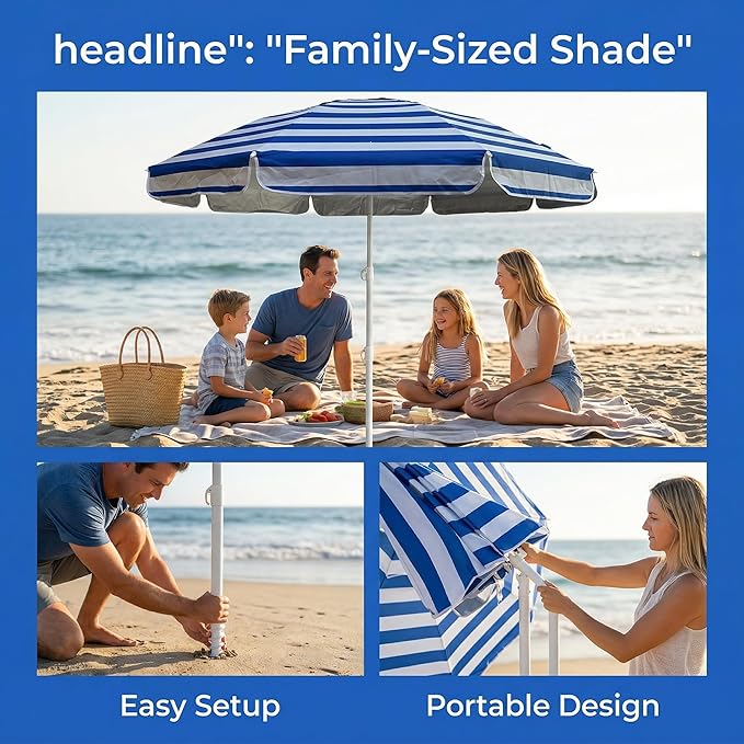 LOTTAFUN 6ft Beach Umbrella - Heavy Duty Wind Resistant UV 50+ Portable Sun Shade with Sand Anchor & Carry Bag, Outdoor Folding Umbrella for Beach, Pool, Patio, Garden (Blue strip)