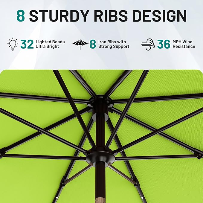AreShark 9FT Patio Umbrella with Solar Lights, 32 Lighted Pool Umbrella w/Tilt and Crank, Outdoor Market Solar Umbrellas for Garden, Deck, Backyard, Pool and Beach, Apple Green