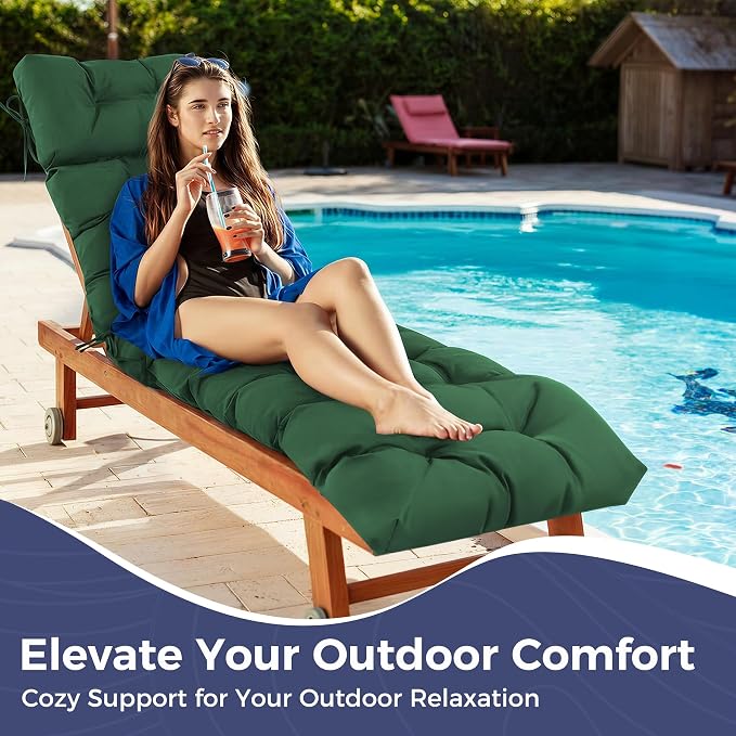 Outdoor Chaise Lounge Cushions 75.1x22.8x4.7 Inch, Waterproof Lounge Chair Cushions for Pool, Patio, Deck, Lawn, Fade Resistant Lounge Cushions for Outdoor Furniture with Ties, Forest Green