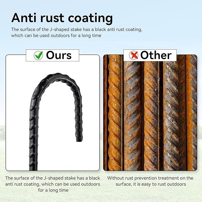 12 Inch J-Hook Rebar Stakes, HeavyDuty Anti-Rust Ground Anchors for Chainlink Fence, Garden Dog Fence, Sports nets, Camping Tent, Etc (20 Pack)
