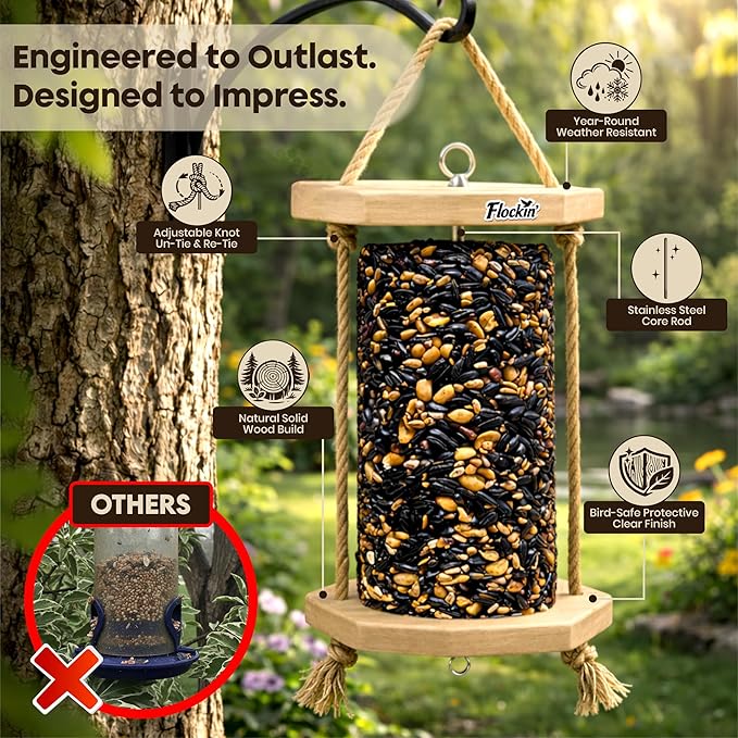 Cylinder Bird Feeders for Outdoors - Weather Resistant Wood Cylinder Feeder with a Bird Safe Protective Clear Finish - Holds Bird Seed Cylinders with Hole, Logs, & Birdseed Cakes