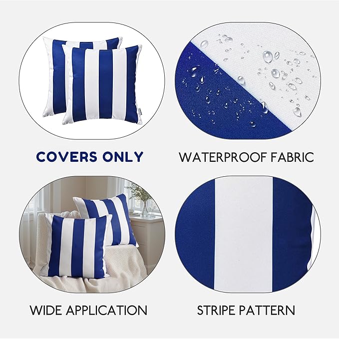 Western Home Pack of 2 Decorative Outdoor Solid Waterproof Striped Throw Pillow Covers Polyester Linen Garden Farmhouse Cushion Cases for Patio Tent Balcony Couch Sofa 18x18 inch Blue