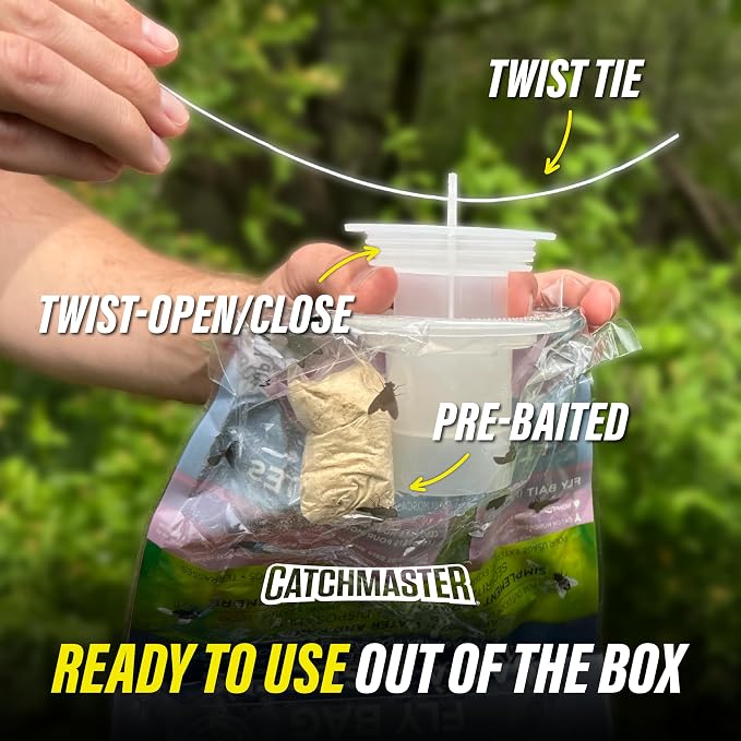 Catchmaster Disposable Outdoor Fly Trap, 4 Hanging Bags with Bait | Catches house, bottle & blowflies, Holds up to 30,000 flies, Food-based lure, no spray needed, Covers your whole yard