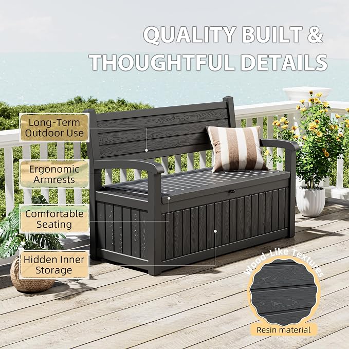80 Gallon Lockable Deck Bench with Storage, Waterproof Outdoor Porch Bench, Resin Stripes Outdoor Storage Box for Cushions and Garden Tools