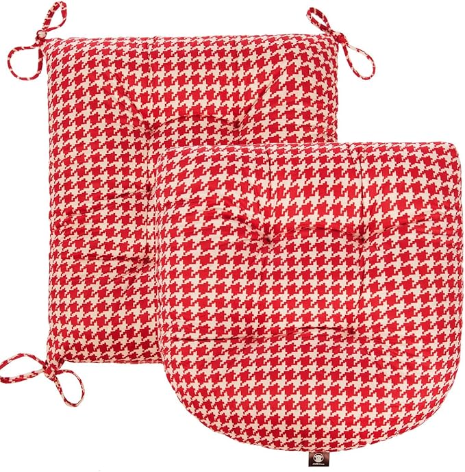 Outdoor Patio Cushion, Rocking Chair Cushion, Tufted Pads, Set of Upper and Lower with Ties Pack of 2 (2 Sets) - Back 20"×17", Seat 17"×17" (Red Houndstooth)