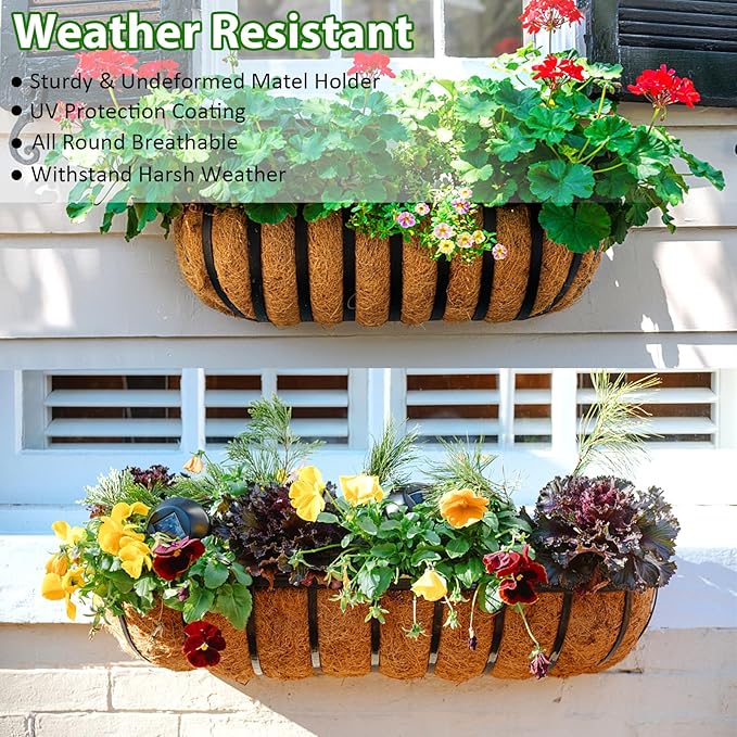 LCHUANG Railing Planter Window Box - 4 Pack 24 Inch Deck Balcony Rail Planter with Coconut Coir Liner, Fence Metal Hanging Flower Basket Deck Railing Planter Boxes for Outdoor Garden