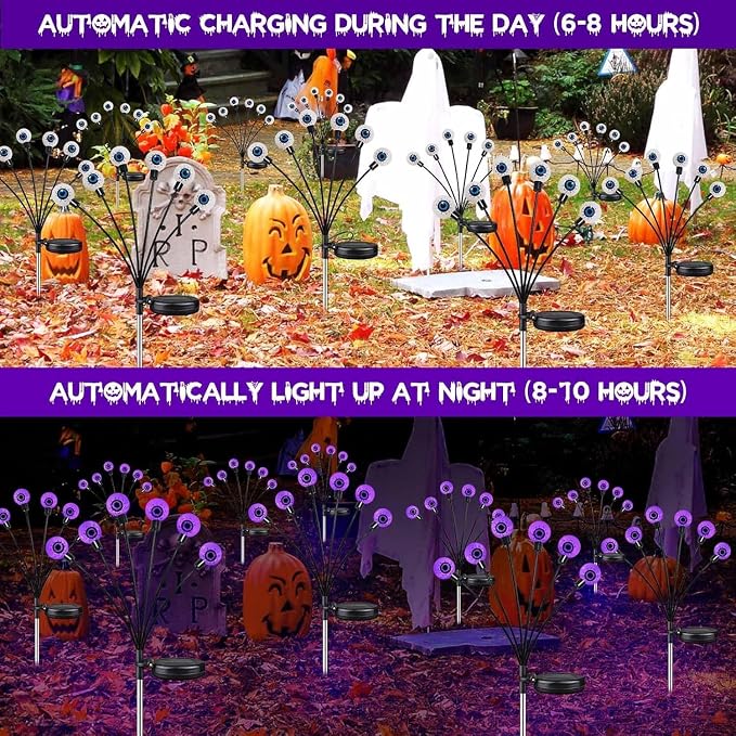 Solar Halloween Decorations Outdoor 6 Pack 36 LED Purple Eyeball Lights | Newly 3-Tier Design, 2 Lighting Modes, Auto ON/OFF, IP65 Waterproof, Creepy Lights for Walkway Yard Garden Scary Gathering