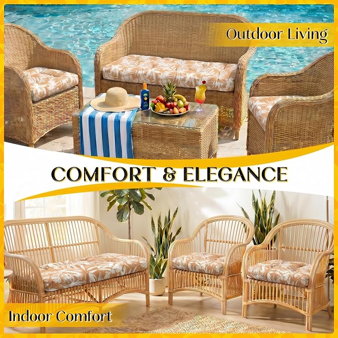 1 MIDDLE ONE Wicker Chair Cushions 3 Pieces Set for Outdoor Furniture, Replacement Patio Wicker Furniture Cushions, 1Pc Loveseat Cushion & 2Pcs Chair Cushions (Tan Monstera)