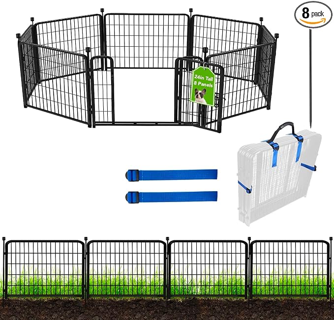 ADAVIN 24 in(H) Garden Fence with Gate, 8 Panels Total 19.7 Ft(L), Heavy Duty Iron Metal Animal Barrier Fence, Dog Fence Outdoor for Yard, Temporary Fencing, No Dig Garden Border Fencing