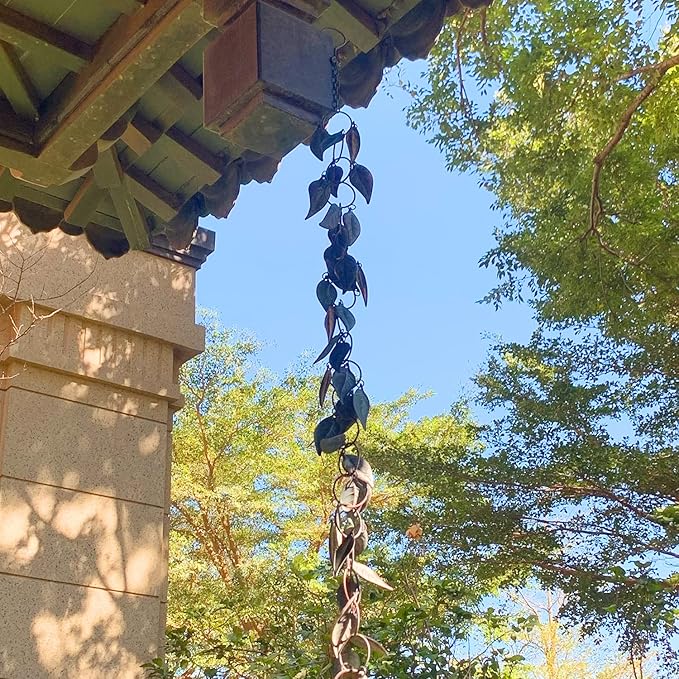 8.5 FT Rain Chain, Rain Chains for Gutters, Metal Rain Chain Downspouts, Circle with Leaves Rain Gutter Chains, Metal Rain Catcher for Outside, Decorative Your House and Garden, Verdigris
