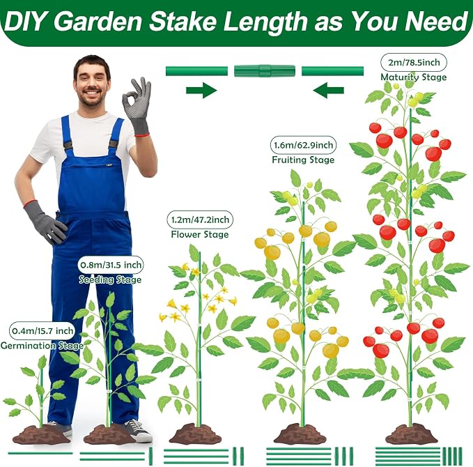 Qinzave 256PCS Garden Stakes Set with 75PCS 16 Inch Fiberglass Plant Sticks and Stake Arms, DIY 4ft 5ft 6ft 7ft 8ft Tomato Stakes, Garden Stakes for Vegetables Tomato Pepper Indoor Outdoor Plants