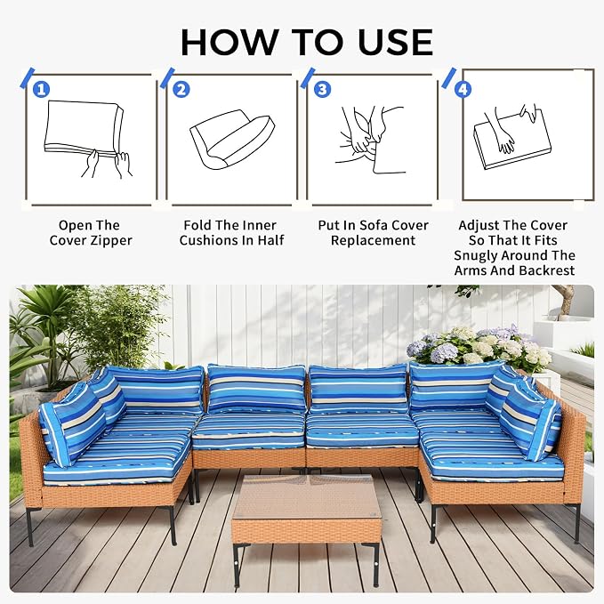 14 Piece Outdoor Patio Cushion Covers Replacement Waterproof with Zipper for 6-Seater Sectional Couch Chair Patio Furniture Conversation Sofa Seat Cushions Slipcovers Set, Only Cover