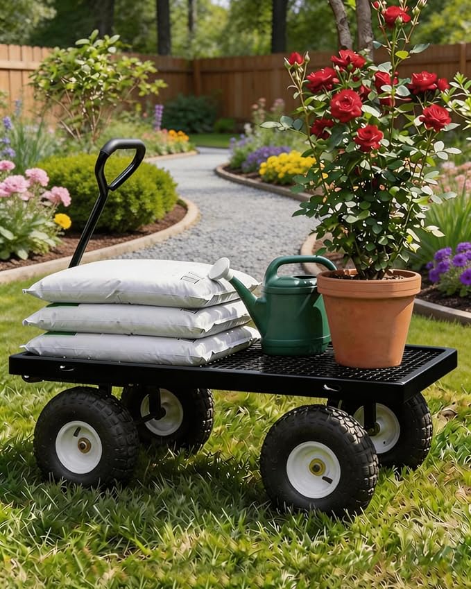 GarveeTech 800LBS Heavy Duty Steel Garden Cart, Garden Wagon Cart on Wheels, Metal Yard Utility Wagon with Removable Mesh Sides, 10" All Terrain Tires, 180° Rotating Handle for Lawn, Garden, Farm