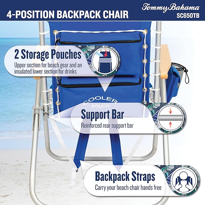 Tommy Bahama Hi-Boy 17" Seat Height 4-Position Lace-Up Suspension Folding Beach Backpack Chair