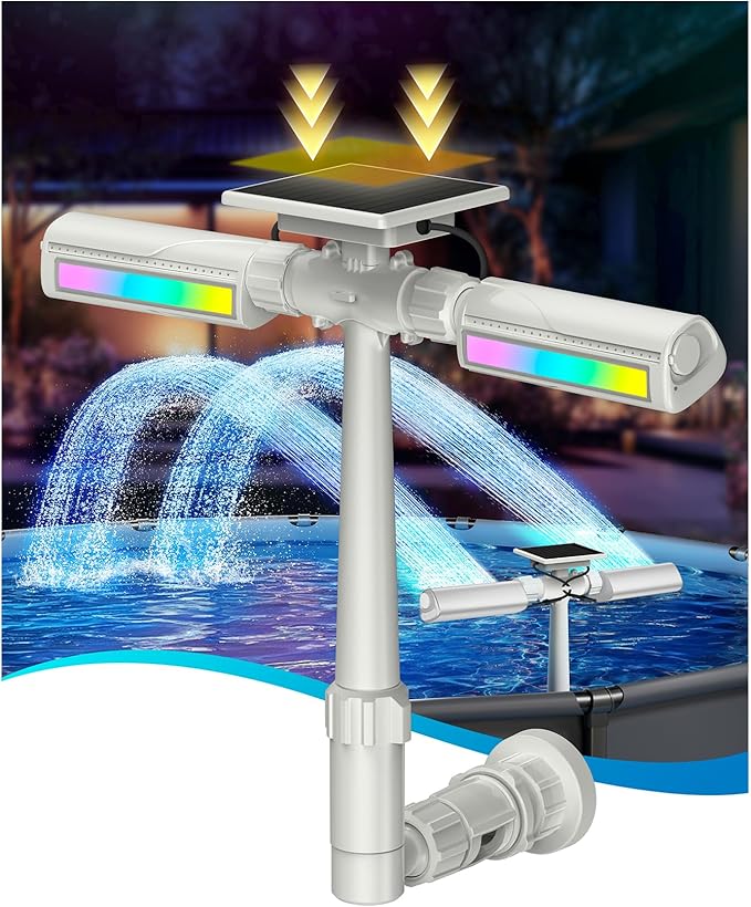 Solar Pool Fountain with 10-Color 4-Mode RGB LED Lights, Above/Inground Solar Lights with Remote, 360°Adjustable Dual Spray Waterfall Sprinkler Fountain for Relaxation & Cooling 10-20°F