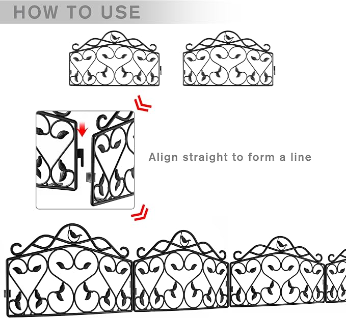 Evelyne Decorative Garden Border Plastic Edging – PP Plastic, Short Metal-Free Faux Wrought Iron Leaf & Bird Design, 8pcs Yard Landscaping Fence Liner Lawn Edge Barrier, 10ft Kit of Decorative Panels
