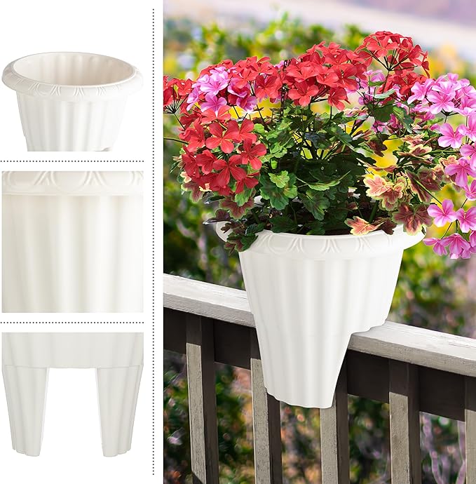 Railing Planter Box 2-Pack - 13.5-Inch Round Outdoor Flower Pots with Drainage Inserts - 2.64-Gallon Outdoor Planters for Porch, Deck, Fence, or Balcony Railings 3” - 3.75” Wide by Pure Garden (White)