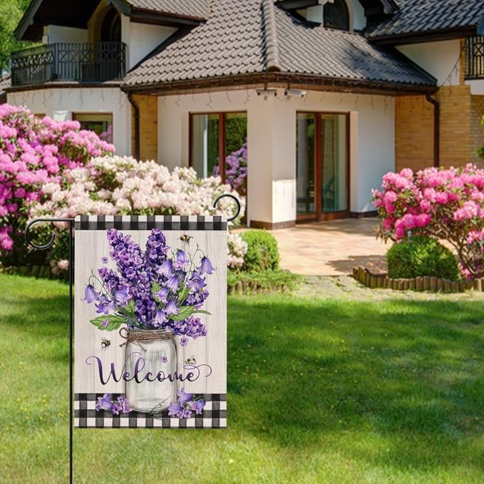Hzppyz Welcome Spring Summer Floral Flower Garden Flag Double Sided, Hyacinth Canterbury Bells Decorative Yard Outdoor Home Small Decor, Mason Jar Plaid Farmhouse Outside House Decoration 12 x 18
