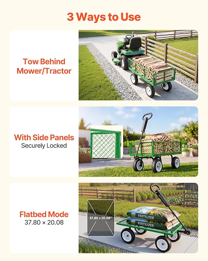 VEVOR 900 LBS Steel Garden Cart, 2 in 1 Handle, Heavy Duty Pullable Garden Wagon with 10" Flat-Free Tires, Outdoor Utility Yard Wagon Cart with Detachable Side Panels, Attach to ATV or Tractor