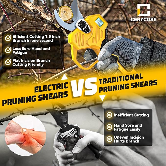Cerycose Electric Pruning Shears Compatible with DeWalt 20v Battery, 0.8-2 Inch Max Cutting Diameter Electric Pruner with LCD Display & Imported SK7 Steel Blades for Gardening Tree Pruning(No Battery)