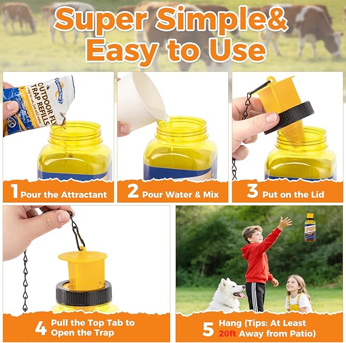 4 Pack Fly Trap with 4 Natural Fly Mixture,Reusable Outdoor Hanging Ranch Horse Fly Trap Bottle Catcher Jar Killer Control Hunter for Outside, Orchard, Patio, Garden