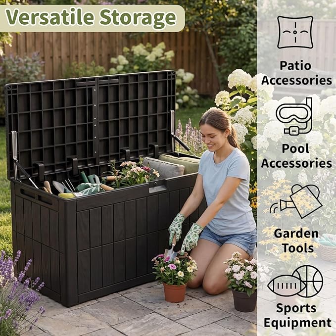 100 Gallon Outdoor Storage Box, Waterproof Lockable Resin Deck Box with Seat, Patio Furniture Cushion Storage, Garden Tool Organizer & Pool Toy Box, Black