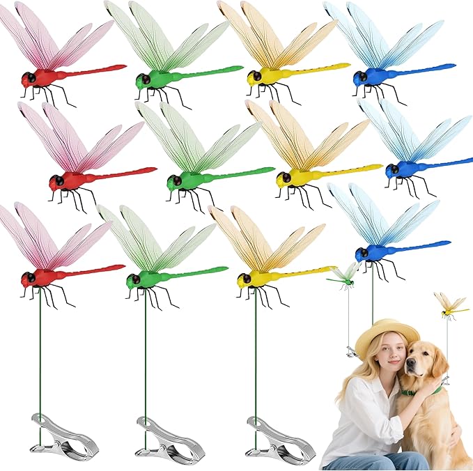 12 Pcs Dragonfly Clip, Dragonfly Garden Stakes Decor, Dragon Fly Hat Clip, Dragonfly Humming Bird Stakes, Garden Decor for Indoor Outdoor