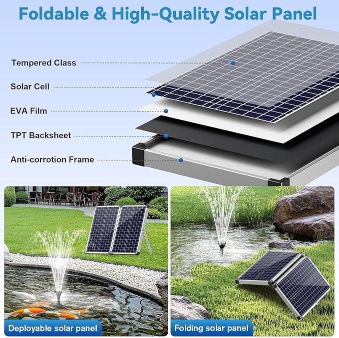 POPOSOAP 70W Solar Pond Pump,Solar Fountain Pump 580GPH Adjustable Flow, Outdoor Solar Water Pump with 17Ft+10Ft Cord & 6.6Ft PVC Tubing for Ponds, Fountain Waterfall-P170H