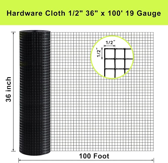 Black Hardware Cloth 1/2 in 36 x 100 ft 19 Gauge - Black Vinyl Coated Wire Mesh Roll Chicken Wire Fencing Wire Fence Rolls