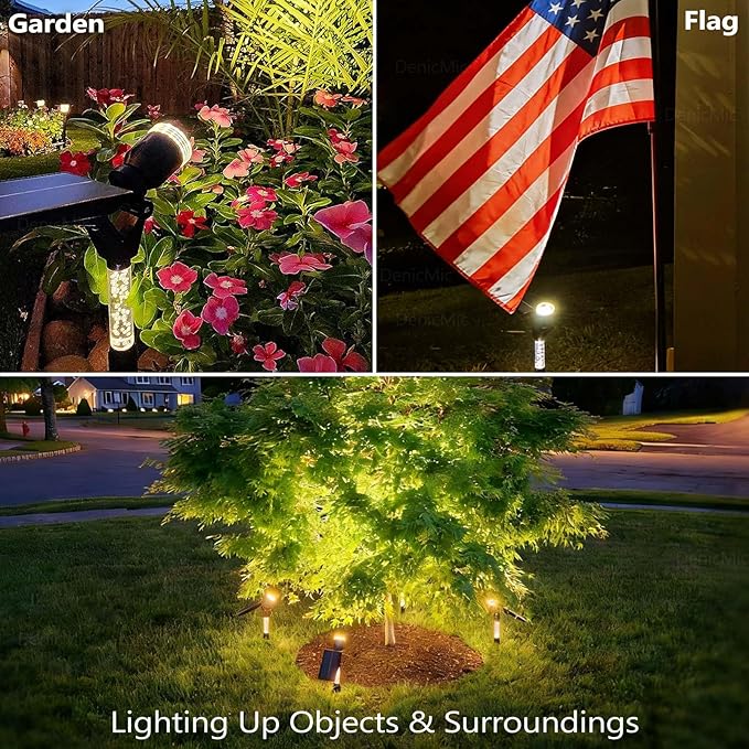 DenicMic Solar Lights Outdoor Waterproof Adjustable Solar Spot Lights Outdoor 3000K Warm White Lens LED for Yard Garden Patio Pathway Flag Tree House Landscape Lighting Outside 2 Pack