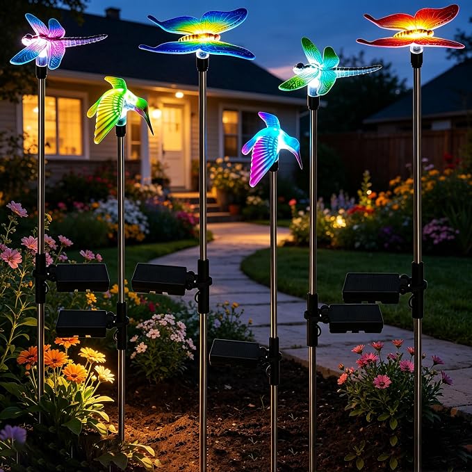 6 Pack Solar Garden Stake Lights Outdoor, Yard Figurine Stake Light, Flower Hummingbird Dragonfly Butterfly for Patio Yard Pathway Decoration (Garden)