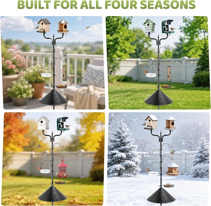 Upgraded Bird House Pole Squirrel Proof,Heavy Duty Bird Feeder Pole with Squirrel Baffle,4 Hooks,Wind-Resistant Water Bowl,Mesh Tray,Y-Shape Platform for Yard Garden Backyard(Not Include Birdhouse)