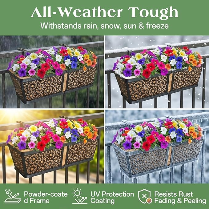 ZeeDix 3 Pack Metal Window Box for Railings, 24 Inch Over Railing Planter Boxes with Coco Liners, Hanging Flower Box Planters for Outdoor Fence Deck Porch Balcony & Patio