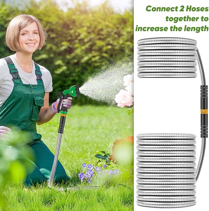 Garden Hose 25ft, Stainless Steel Heavy Duty Water Hose with 10 Function Nozzle Flexible, Lightweight, No-Kink, Pet Proof, Puncture Proof Metal Hose for Yard, Outdoor