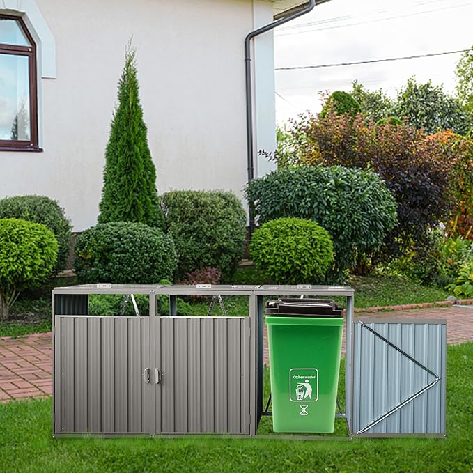 94.48" Metal Garbage Bin Shed Stores with Ventilated and Lockable,Patio Furniture 3 Trash Cans Outdoor Sheds w/Rust-Proof & Scratch- Resistant,for Garden Yard Lawn,Grey