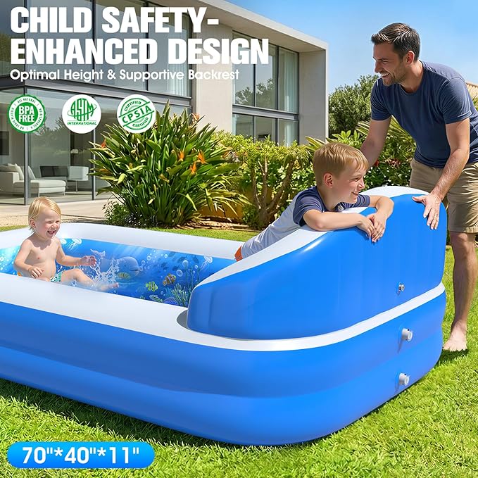 2026 Inflatable Pool with Sprinkler,Durable Blow up Pool with Big Backrest, Rectangle Kids Pool Backyard,Children Swimming Pool,Small Inflatable Kiddie Pool,Outdoor Water Pool for Kids-M