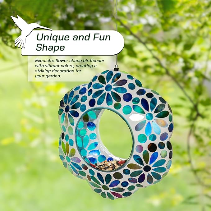 Glitzhome 8''D Hanging Glass Birdfeeder,Flower Shaped Fly Through Wild Bird Feeder for Outdoors,Multi-Color Mosaic Birdfeeder for Garden,Yard,Backyard,Deck and Porch Decor