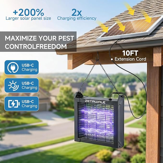Solar Powered Bug Zapper Outdoor, 4500V Mosquito Trap with 10W Solar Panel, Fly Trap & Mosquito Killer, 10FT Extension Cord, IPX5 Waterproof, 2100 Sq.Ft Coverage for Patio, Backyard, Garden